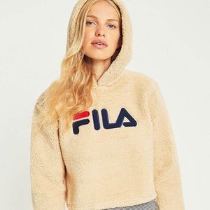 🏉 Fila Sherpa Teddy Bear Fleece Cozy Sport Varsity Logo Crop Hoodie Sweatshirt